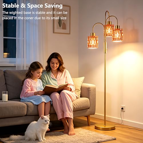 Image of 70 inch Glass Floor Lamp, 3-Light Gold Dimmable Standing Tall Lamp with Deep Red Glass Shades &3PCS 3000K Warm White Bulbs for Wedding /Party, Modern Tree Pole Lamp for Living Room Bedroom Home Decor