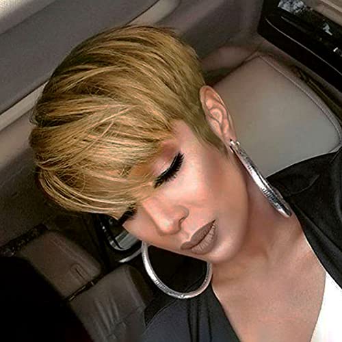 Tgezer Short Hair Pixie Cut Wigs with Bangs Ombre Blonde Short Pixie Wigs for Women Short Wigs Straight Slight Layered Wavy Synthetic Full Machine Wigs Non Lace Front Wigs Color R2/30