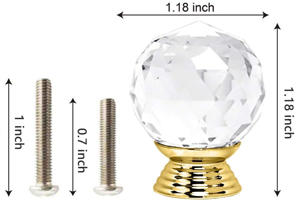 12 Pcs 30mm Round Shape Crystal Glass Cabinet Knobs with Screws Drawer Knob Pull Handle Used for Kitchen, Dresser, Door, Cupboard(Gold B Clear)