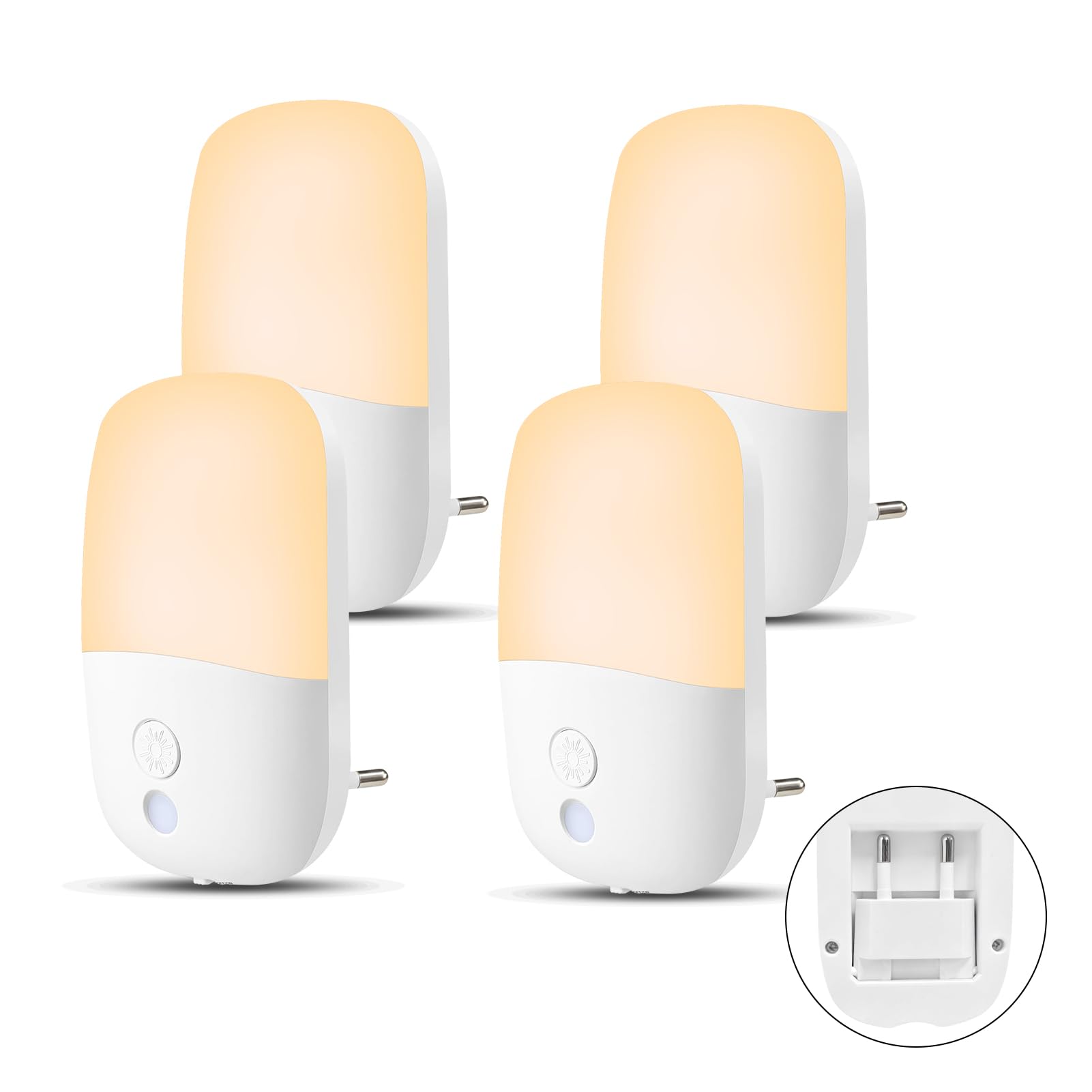 echosari Nachtlicht Steckdose mit Dämmerungssensor, 4 Stück Helligkeit Dimmbare Nachtlicht mit ON/OFF/AUTO Modi, Steckdosenlicht für Kinderzimmer, Treppe, Flur, Schlafzimmer, Küche (WarmWeiß)