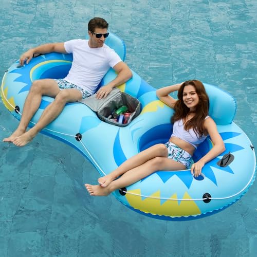 Jasonwell Inflatable River Tube Float - 2 Person Heavy Duty River Float Pool Floats with Removable Cooler Lake Water Tubes for Floating River Raft Lounge Floatie with 2 Cup Holders for Adults (SB)