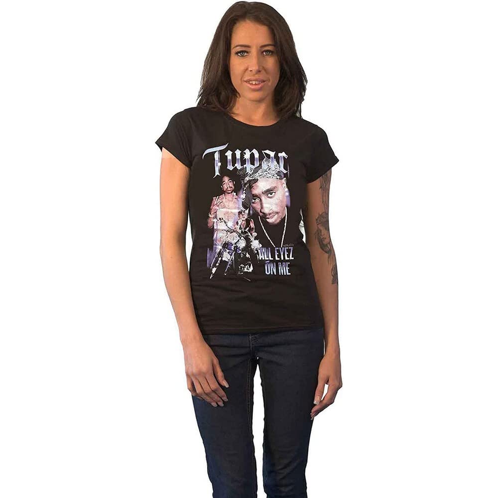 Tupac Shakur Women's Black Tupac T Shirt 2Pac All Eyez Blue Homage Logo Official Skinny Fit M