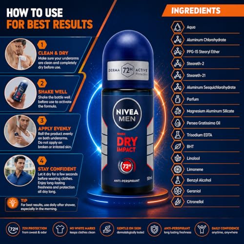 Image of Nivea Men Dry Impact 72H Anti-Perspirant Roll-On 50ml | Powerful Sweat Control & Odor Defense | Fresh Masculine Fragrance Daily Deodorant for Men