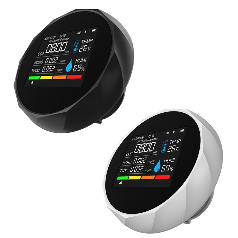 Détecteur de dioxyde de carbone 6 en 1 Moniteur de qualité de l'air avec mesure de la température et de l'humidité TVOC, connectivité smartphone, alertes de couleur et alarme sonore, noir ou