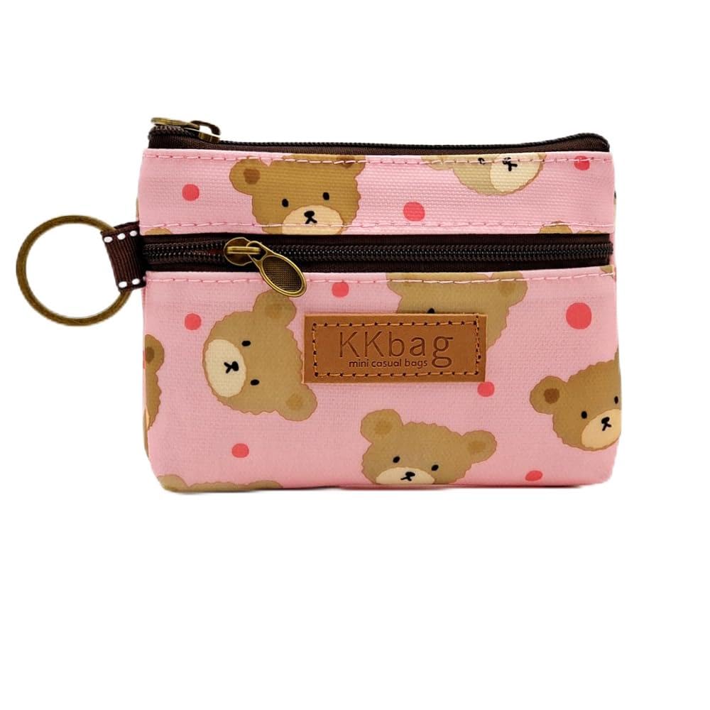 ERJUR Small Wallet for Women Men Coin Purse Change Holder Zipper Nylon Coin Purse with Keychain (Bear Pink)
