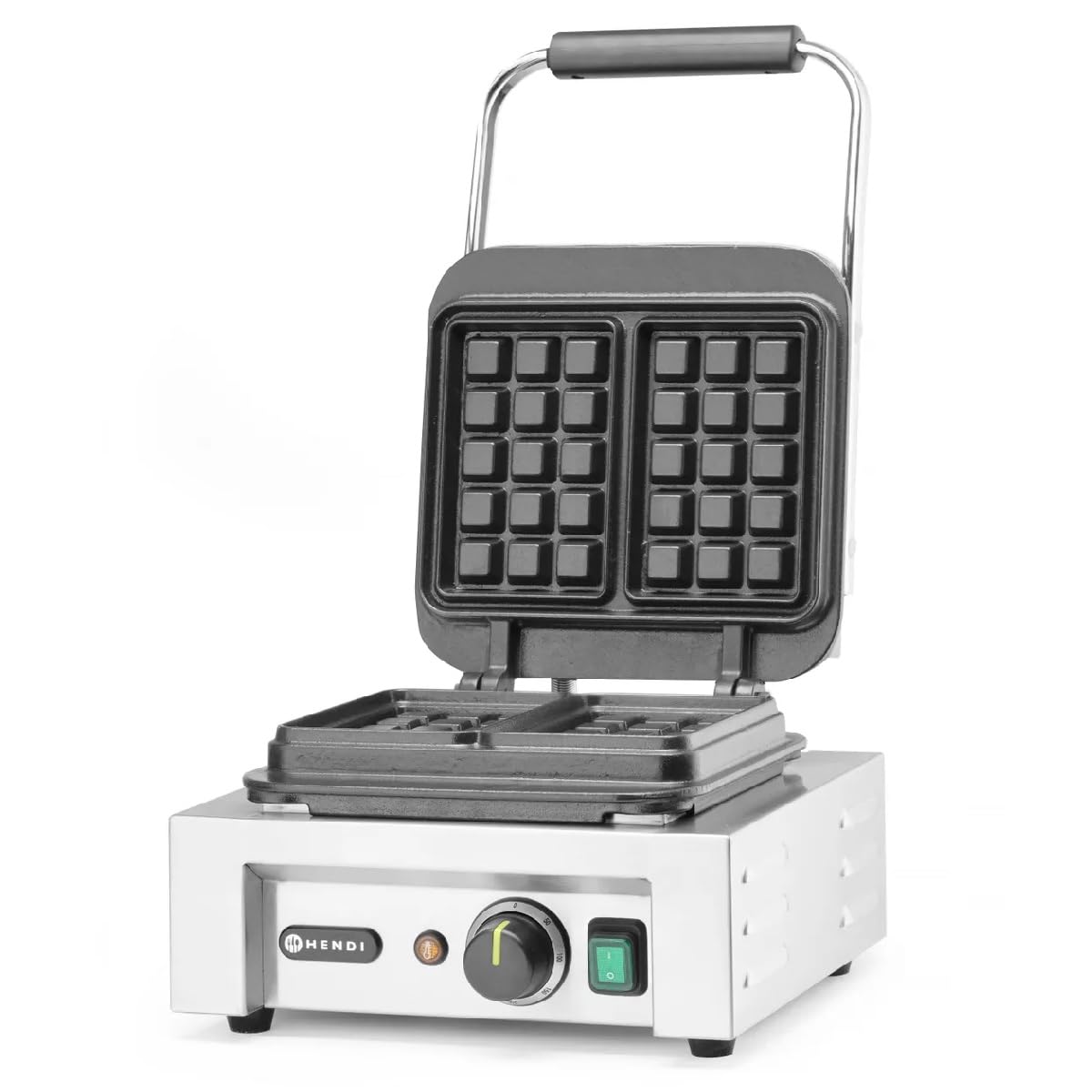HENDI Gofrera eléctrica, gofres de Bruselas, 2 moldes cuadrados de 3x5, con tenedor para gofres, T regulable, placas de hierro fundido antiadherente, 230V, 2200W, 320x437x(H)277mm, acero inoxidable