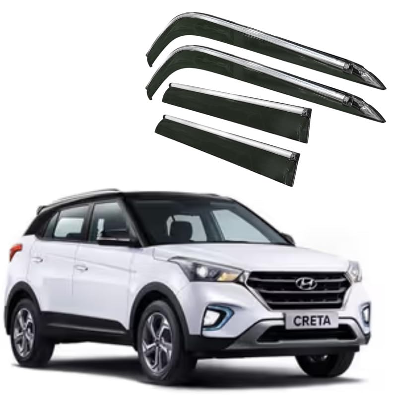 Image of CAR SAAZ Side Door Visors for Creta Type 1 & 2(2015-2019)(Set of 4Pcs)|Chrome Lined Rain Guards, Polycarbonate, Smoke Finish