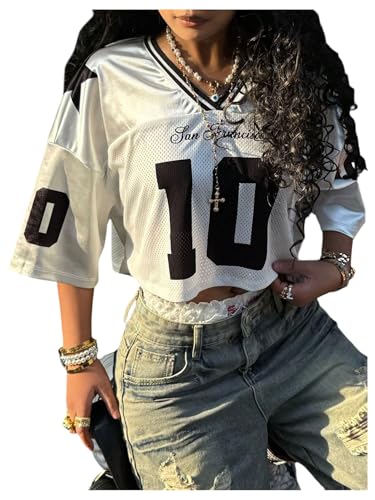 SweatyRocks Women's Number Jersey Y2k Shirts Baggy V Neck Crop T Shirt Half Sleeve Oversized Tops4