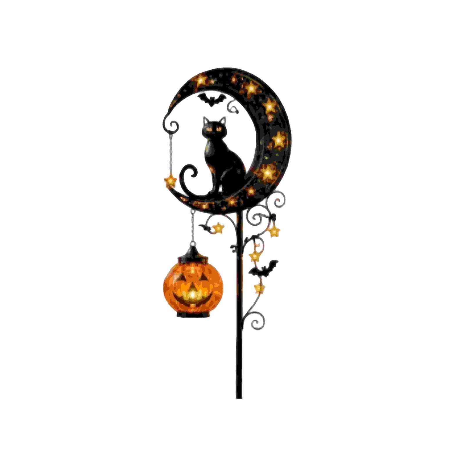 Halloween Solar Garden Stake Light with Hanging Pumpkin, Vintage Patchwork Ghost Moon LED, Solar Powered Lawn Lights Outdoor Yard Decor (Black)