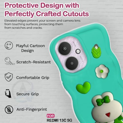 Image of AESTMO Back Case Cover for Redmi 13C 5G / Poco M6 5G | 3D Cute Fun Cartoon Characters | Anti Slip Grip Cute Wave Curly Frame Shape | Back Cover for Redmi 13C 5G / Poco M6 5G | (Mint Green)