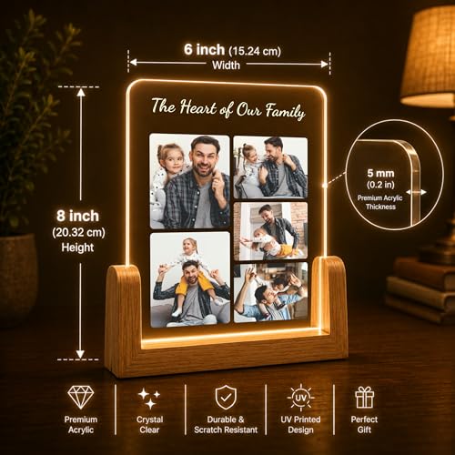 Image of Giftplease Custom Fathers Day Tabletop Rectangular Acrylic Wood Photo Frame | Warm Led Light Base Personalized Picture Layout Desktop Night Decor Standee for Dad Papa Husband Stepdad Grandpa