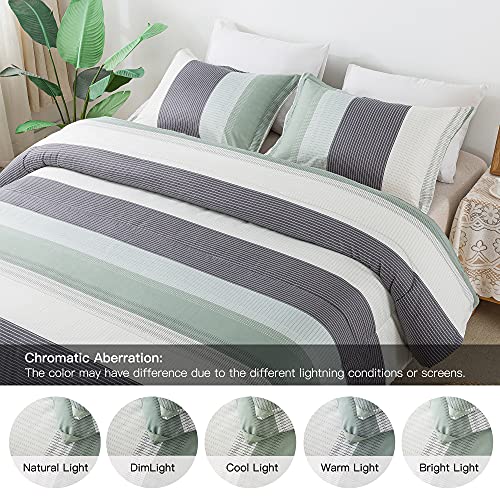 Litanika King Size Comforter Set Sage Green - 3 Pieces Lightweight Bedding Comforter Sets, Light Green White Colorblock Stripe Fluffy Bed Set, All Season Down Alternative #TOP6