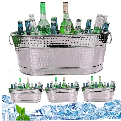 4-teilige Getränkewanne, lebensmittelecht, verzinkte Wanne mit Griffen, 15 QT, Champagner-Eimer, rostbeständig und stabile Eiskübel für Partys, hält Getränkeeis 8 Stunden lang und kühlt Barzubehör fü