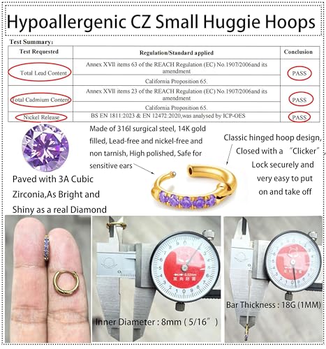 Image of Hypoallergenic Unisex Surgical Steel Small Cubic Zirconia Huggie Hoop Earring, Color Gold - Silver - Rose Gold - Black - Rainbow, Size 6mm- 12mm Safe for Sensitive Ear