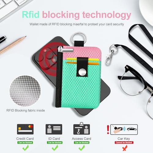 Image of Minimalist RFID Blocking Small Wallet with ID Window,WaterResistant Zip Id Case Wallet with Lanyard Keychain for Cards,Cash,Travel,Women,Men (Mint Green /Pink)