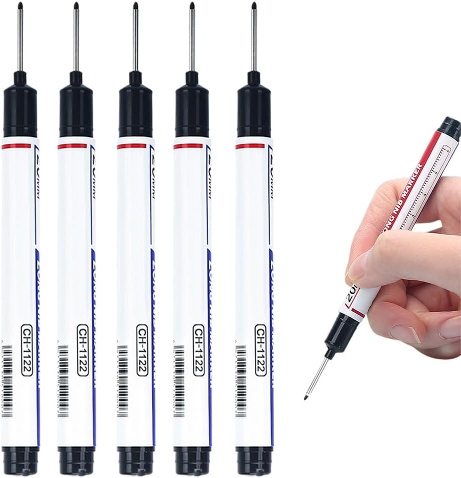 5PCS Long Head Deep Hole Marker Pens, 20mm Deep Reach Markers, Waterproof Construction Markers Marking Tool, Long Nose Marker, Permanent Markers Carpenter Ink Marker Pens, Metal Marking Pen (A-BK)