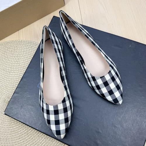 WENJIAZHIZHI Women's Checkered Pointy Toe Ballet Flats Comfortable Flat Shoes Elegant Female Slip-Ons3