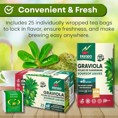 Hanan Soursop Leaf Tea Bags – 100% Natural Hojas de Guanabana Leaves - Graviola Tea, Hand-Selected Soursop Leaves for Digestive Support & Calming Flavor 25 Bags from Peru