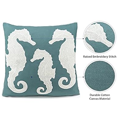 Beach Throw Pillow Teal and White, Coastal 18 x 18 Inch Pillow Case Cover, Decorative Beach Pillow Cover with…