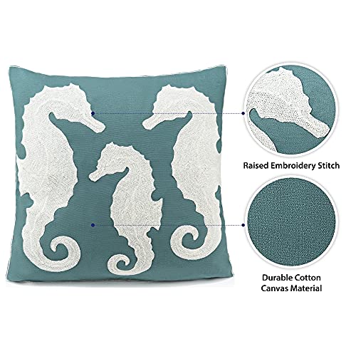 Beach-Throw-Pillow-Teal-and-White-Coastal-18-x-18-Inch-Pillow-Case-Cover-Decorative-Beach-Pillow-Cover-with-Embroidered-Seahorse-Teal