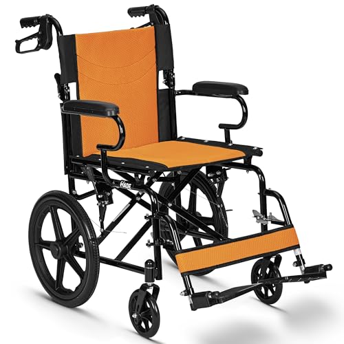 Lightweight Folding Wheelchair - Travel Friendly Foldable Transit Wheel Chair - Adjustable Footrests, Lock Lever Brakes, Dual Parking Brakes - Orange, Wide 20 Seat