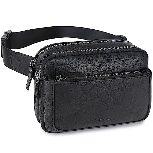 Fanny Packs for Women, Leather Vegan Belt Bag Crossbody Waist Bag Adjustable Strap, Large Fashion Everywhere Belt Bag, Black