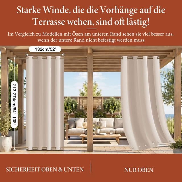 Rosnek 2erOutdoor Vorhang Wetterfest Winddicht, Balkon Gardinen mit Ösen Oben & Unten, Blickdicht Wasserdicht Sonnenschutz Sichtschutz Gardinen für Terrasse,Pergola,Pavillon, H213x B132 cm, Beige