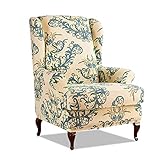 PETCUTE Sesselbezüge Ohrensessel Bezug Stretch Sesselbezug für Ohrenbackensessel Husse Passt Perfek für Ohrensessel mit Muster Blumen Grün
