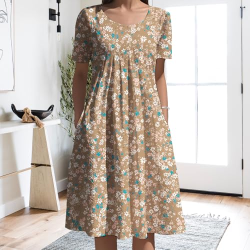 Summer Dresses for Women Cotton Boho Floral Dresses Casual Pleated High Waist Short Sleeve Midi Dress with Pockets2