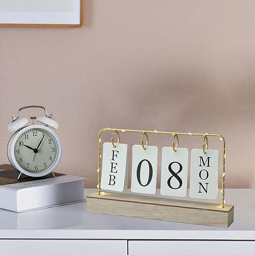 Miniatura 6 de Calendario abatible para mes, fecha y día, base de madera nórdica, marco de metal, delicado reutilizable con luz perpetua para decoración, oficina,