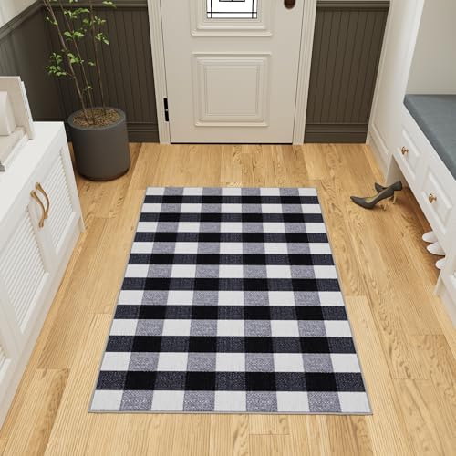 Ottomanson Ottohome Collection Checkered Design Non-Slip Rubber Back Runner Rug, Area Rug - 3'3' x 5'', Black/White
