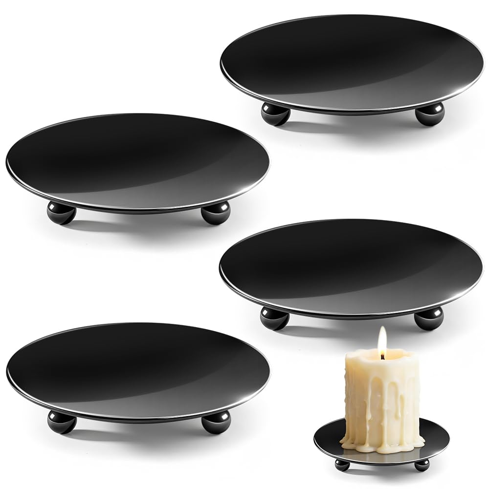 Vintage Metal Candle Holder Plates Set, 4 Pack of 11cm Black Candle Plates, Elegant Round Pillar Candle Holders for Home, Wedding, Party and Dinner Decorative