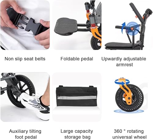 Silla de ruedas de transporte, diseño plegable ultraligero con freno de mano y mango telescópico para un fácil viaje