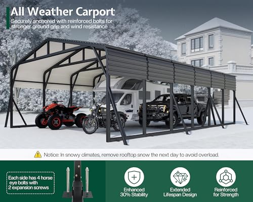 Image of Jocisland 20x30 FT Heavy Duty Metal Carport for Multiple Vehicles, All-Weather Car Canopy with Galvanized Steel Roof & Reinforced Base, Shelter for Full-Sized Pickups, Bass Boats and Tractors