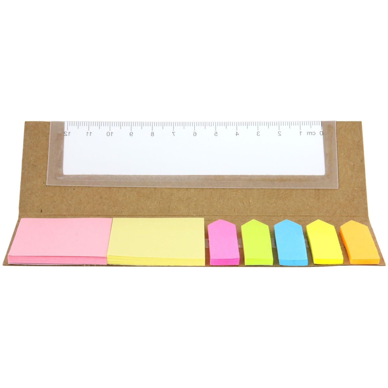 100x Haftnotizen-Set in Kartonhülle mit integriertem Lineal aus Kunststoff Rico | 5x25 Haftstreifen in Pfeilform und 2x25 Klebezettel groß | mehrfarbig | selbstklebend, beschreibbar | Sticky Notes