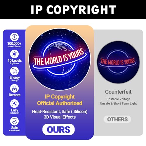 Image of The World Is Yours Neon Sign, Remote Dimmer Planet LED Neon Light Lamp for Wall Decor, USB Power for Man Cave Home Bar Bistro Club Cafe Wedding Game Room Bedroom Birthday Gift Graduation Party