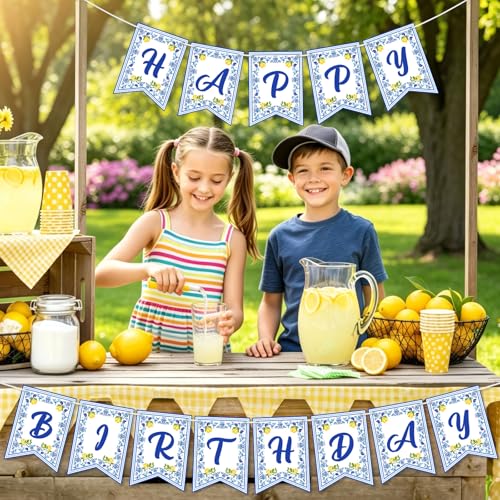 Image of Hooqict Happy Birthday Banner Lemon Birthday Decorations Garland Sign for Summer Fruit Blue Yellow Lemon Themed Party Hanging Decorations Supplies
