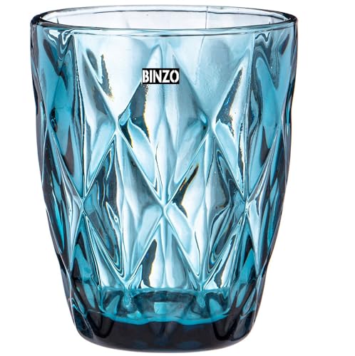 BINZO Color Water Glasses, Set of 6, 300 ml, Textured Blue Colored Glassware, Drinking Tumbler Glass for Juice, Drinks, Home, Kitchen, Beverage, Gift (Blue, Small, 300 ml, Set of 6)