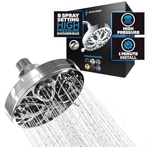 SparkPod Rain Showerhead with 8 Spray Settings – High Pressure Shower Head with Flow Restrictor – 5″ High Flow Luxury Shower Heads with Anti-Clog Silicone Nozzles – 1 Minute Installation (Chrome)