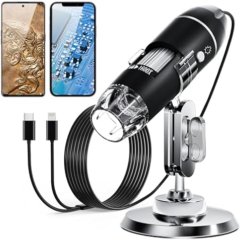 SKYBASIC USB Digital Microscope Camera, Handheld HD Inspection Camera 50x-1600x Magnification with Adjustable Stand, 8 LED Lights, Portable Microscopes Compatible with iOS & Android Devices(Black) Cover