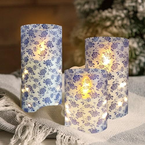 Image of Flickering Flameless Candles Vintage Blue Floral Print, Embedded Star String Lights, Battery Operated Acrylic LED Pillar Candles with 11-Key Remote and Timer for Home Decoration, 3 Pack