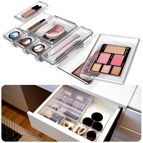 Flybok 14 Pcs Clear Plastic Drawer Organizer Set, Upgrade Lid Design, 5 Size Bathroom Vanity Organizer Tray, Acrylic Makeup Drawer Organizer, Storage Containers for Kitchen Junk Utensils Office