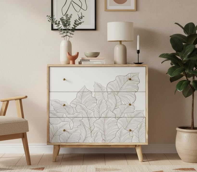 Image of Solid Wood Ranthambore Chest of Drawer | Dresser with 3 Drawers | Wooden Chest of Darwers | Chest of Drawers with Storage | Finish- Natural and White