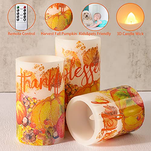 Immeiscent Fall Harvest Flameless Candles, Autumn Pumpkin Maple Leaf Flickering Candle, Battery Candle With Remote & Timer, Realistic Pillar Candle For Thansgiving, Holiday Decor, Set Of 3 #TOP4