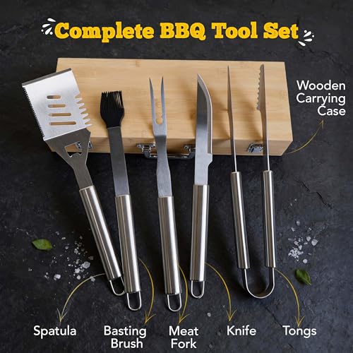 Kit parrillero 5 piezas acero inoxidable con estuche de madera miniatura 2