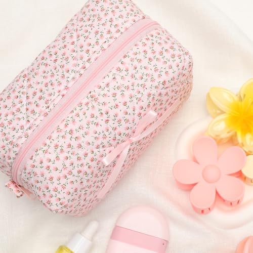 Quilted Makeup Bag, Floral Cosmetic Bag Cute Handmade Aesthetic Pink Toiletry Bag Flower Coquette Accessories Cotton Pouch for Women4