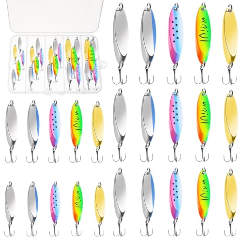 25pcs Fishing Spoons, Trout & Bass Lures with Tackle Box,5 Assorted Colors Hard Metal Fishing Lures with Sharp Treble Hooks for Trout, Bass, Pike, Walleye – Freshwater & Saltwater Compatible