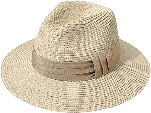 DRESHOW Women Straw Panama Hat Fedora Beach Sun Hat Wide Brim Straw Roll up Hat UPF 50+