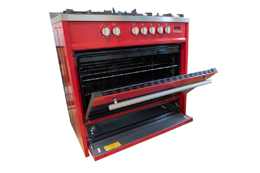 Gurari GCH E 911 R, kuchenka gazowa, elektryczna, 90 cm, Range Coocker, 121 l, 3,8 kW WOK, wielofunkcyjna, 8 funkcji, gaz ziemny, propan, czerwona