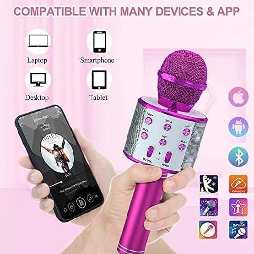 Image of VRJTEC Wireless Karaoke Microphone with Speaker | 2-in-1 Bluetooth Mic, Audio Recording, Continuous Play, USB Charging, Card Slot & AUX Port (Pink & Silver)
